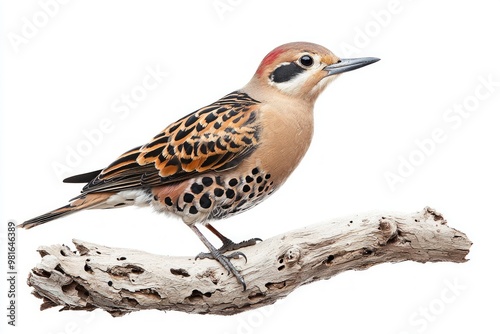 northern flicker stands elegantly on a branch, displaying its distinctive brown and black-spotted feathers. The vibrant colors contrast beautifully with the plain backdrop.