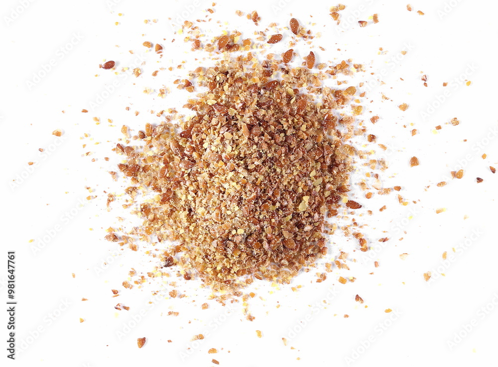 Ground, milled flaxseed pile, linseed flakes isolated on white background
Ground, milled flaxseed pile, linseed flakes isolated on white background