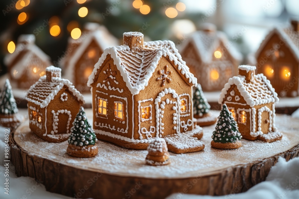 Christmas gingerbread houses on wooden table with bokeh background.. Pastries in the form of houses. Festive scene with holiday pastries. Christmas and New Year background. Christmas gingerbread houses on wooden table with bokeh background.. Pastries in the form of houses. Festive scene with holiday pastries. Christmas and New Year background.