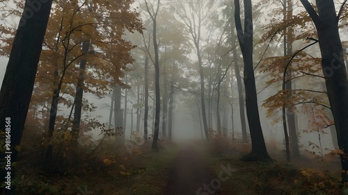 Foggy autumn forest in the morning, highlighting colorful leaves and gentle mist, forming an enchanting autumn woods landscape.