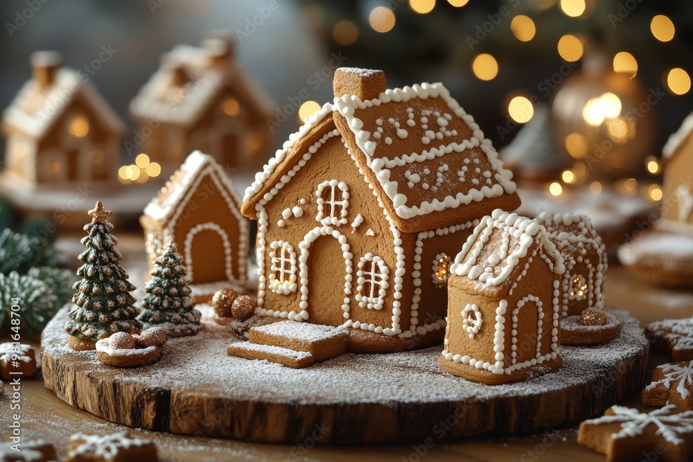 Christmas gingerbread houses on wooden table with bokeh background.. Pastries in the form of houses. Festive scene with holiday pastries. Christmas and New Year background. Christmas gingerbread houses on wooden table with bokeh background.. Pastries in the form of houses. Festive scene with holiday pastries. Christmas and New Year background.