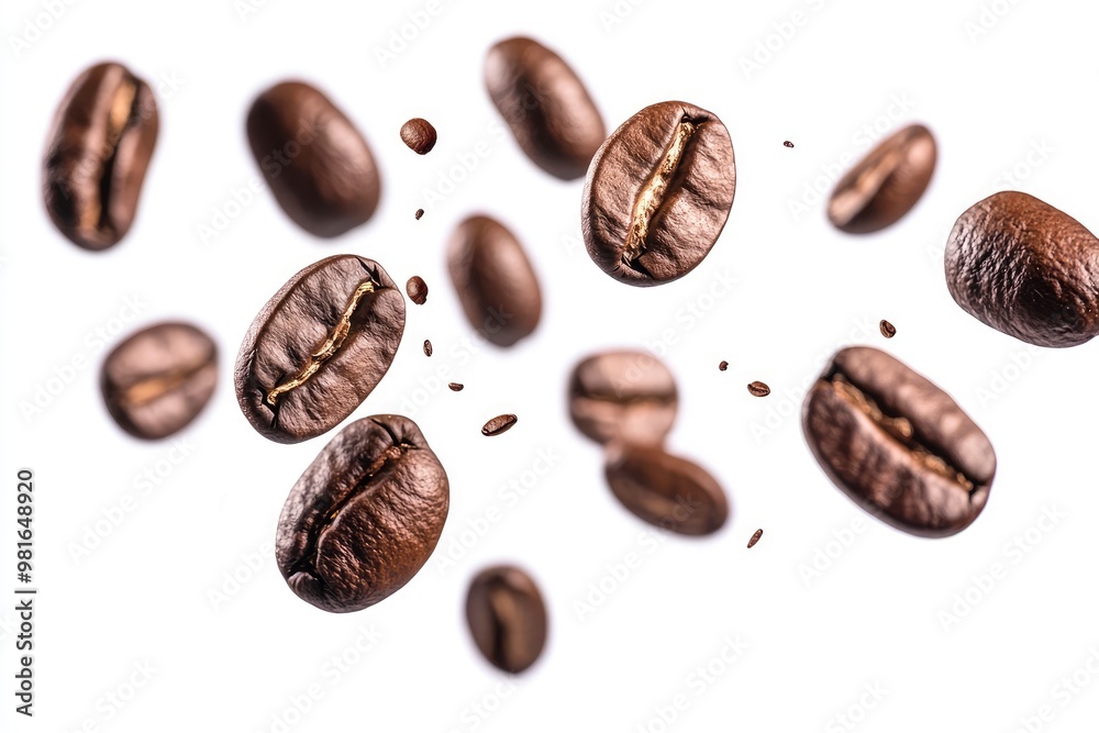 Coffee beans falling in the air isolated on a white background. Coffee beans flying, ai Coffee beans falling in the air isolated on a white background. Coffee beans flying, ai
