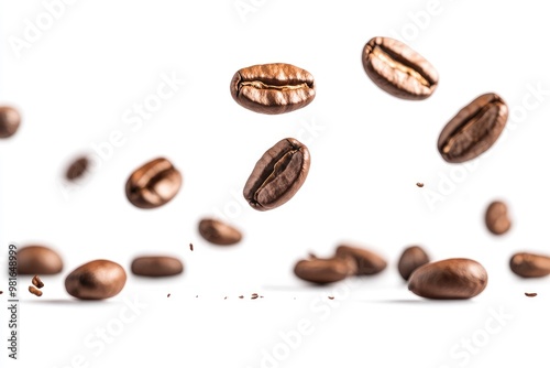 Coffee beans falling in the air isolated on a white background. Coffee beans flying, ai