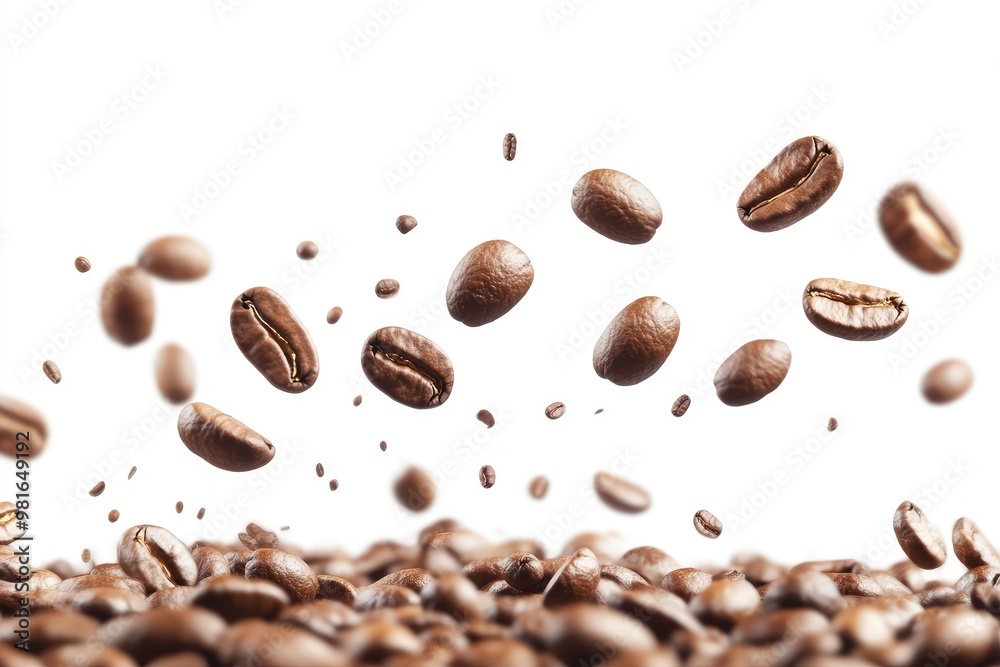 Coffee beans falling in the air isolated on a white background. Coffee beans flying, ai Coffee beans falling in the air isolated on a white background. Coffee beans flying, ai
