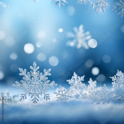 Minimalist winter background with depth of field featuring soft snowflakes on a light blue backdrop