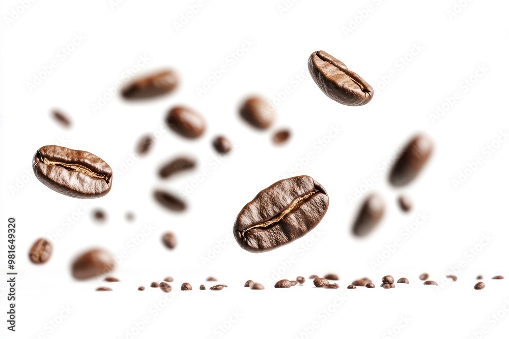 Coffee beans falling in the air isolated on a white background. Coffee beans flying, ai Coffee beans falling in the air isolated on a white background. Coffee beans flying, ai