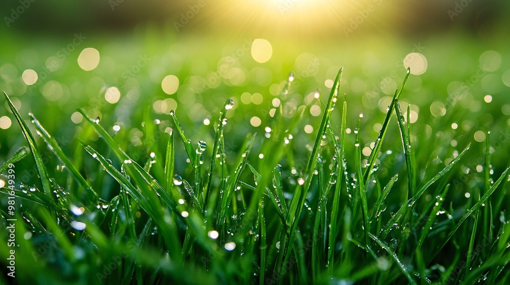 Dew-Covered Blades of Grass in the Morning Sun Dew-Covered Blades of Grass in the Morning Sun