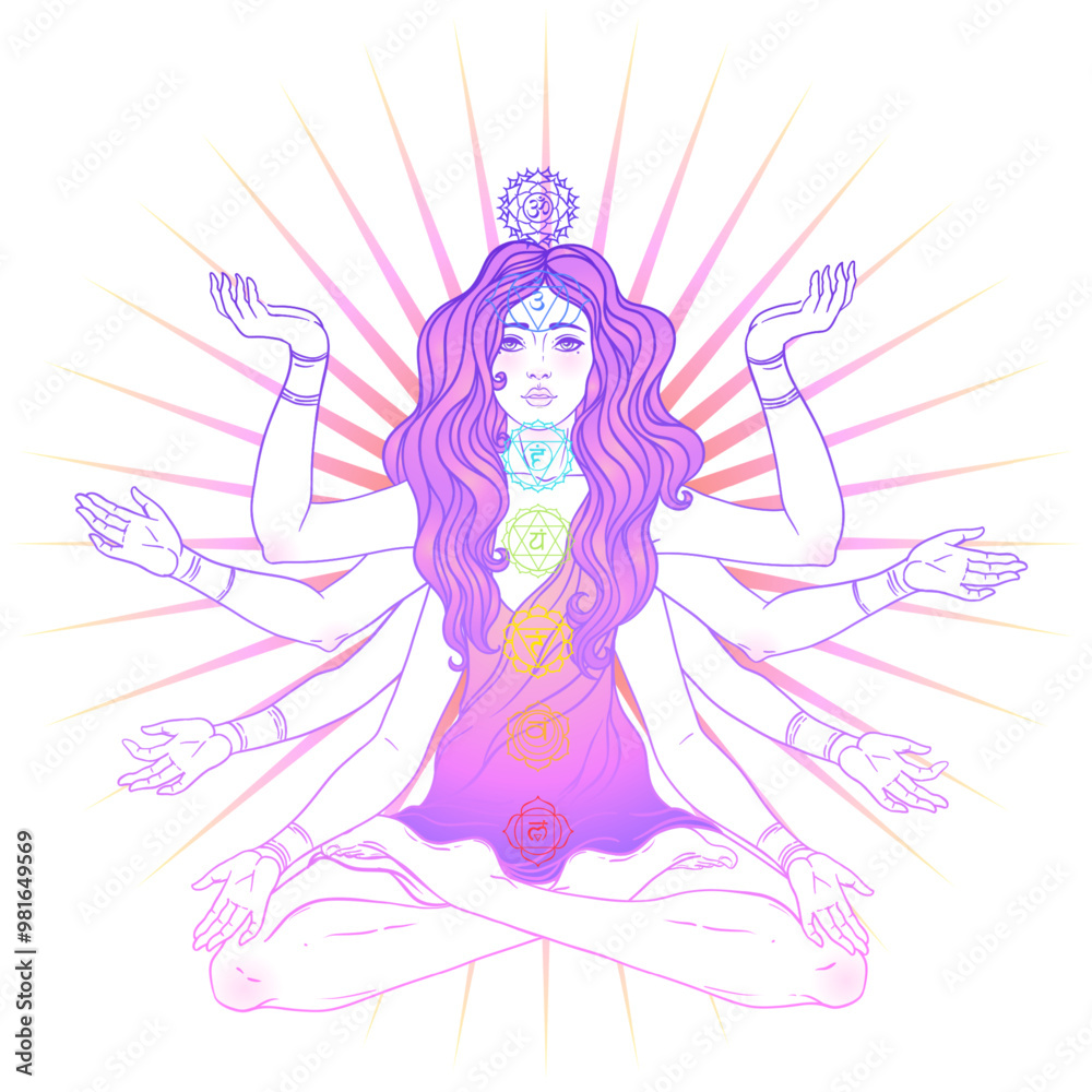 Beautiful woman with long hair and multiple hands sitting in lotus yoga position. Multi-armed goddess is Goddess Lakshmi, the Hindu goddess of wealth, fortune, and prosperity. Vector detailed isolated Beautiful woman with long hair and multiple hands sitting in lotus yoga position. Multi-armed goddess is Goddess Lakshmi, the Hindu goddess of wealth, fortune, and prosperity. Vector detailed isolated