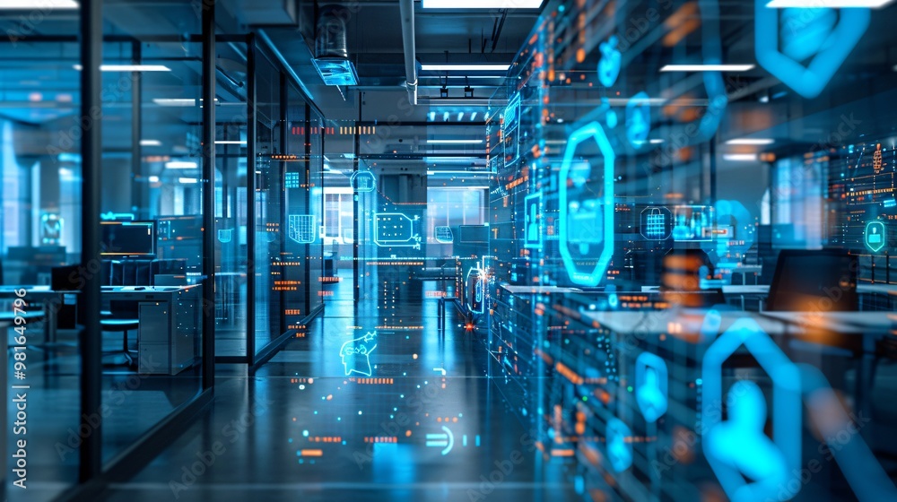 Cyber security background in office interior Cyber security background in office interior