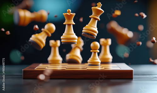 Levitating Chessboard Amidst a Chaotic Storm of Swirling Playing Pieces photo