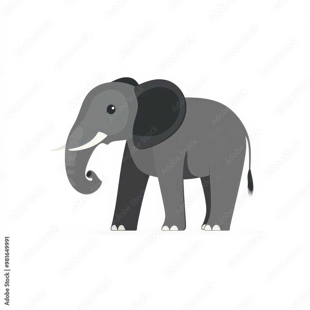 Flat illustration of a standing elephant with a minimalistic design and bold gray tones, isolated on a white background. Flat illustration of a standing elephant with a minimalistic design and bold gray tones, isolated on a white background.