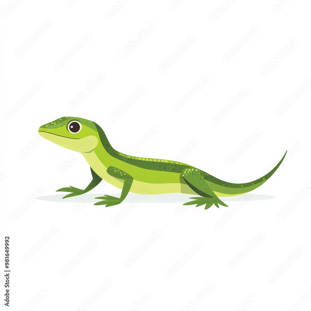 Flat illustration of a small lizard crawling, featuring bright green tones and minimalistic details, isolated on white. Flat illustration of a small lizard crawling, featuring bright green tones and minimalistic details, isolated on white.