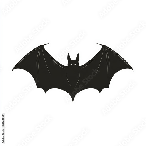 A simple, flat-designed bat with outstretched wings in bold black, isolated against a white background for a classic Halloween look.