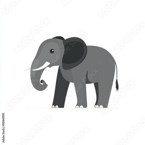 Flat illustration of a standing elephant with a minimalistic design and bold gray tones, isolated on a white background.