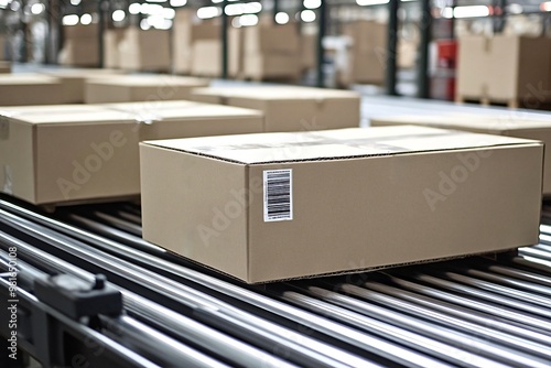 Cardboard boxes moving on conveyor belt in distribution warehouse