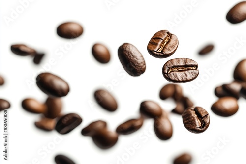 Coffee beans falling in the air isolated on a white background. Coffee beans flying, ai