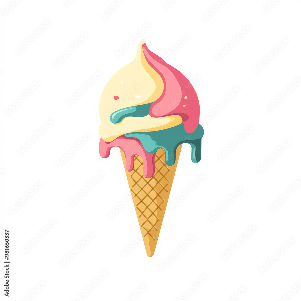 Flat illustration of a melting ice cream scoop on a cone, rendered in bold, clean lines and simple shapes, isolated on white. Flat illustration of a melting ice cream scoop on a cone, rendered in bold, clean lines and simple shapes, isolated on white.