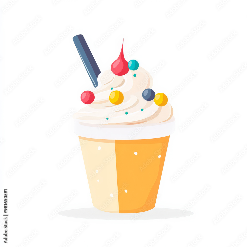 Flat illustration of a frozen yogurt cup with colorful toppings, drawn in a minimalist and clean style on a white background. Flat illustration of a frozen yogurt cup with colorful toppings, drawn in a minimalist and clean style on a white background.
