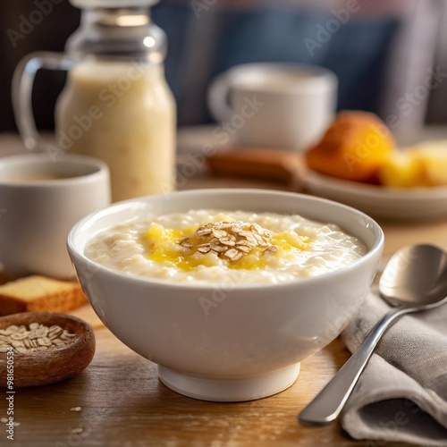 Comforting breakfast porridge with depth of field showcasing creamy textures and warm flavors