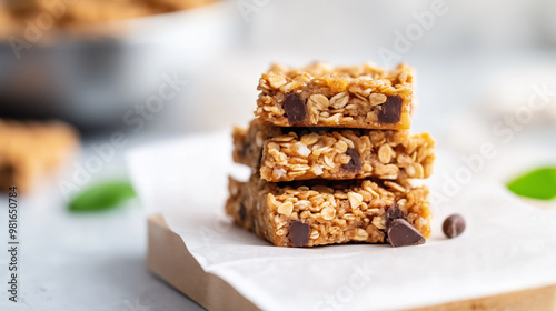 Homemade granola bars with chocolate chips are ready on the counter for a tasty and healthy snack or breakfast.