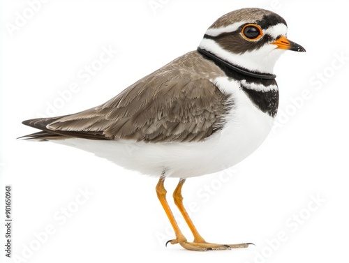 common ringed plover stands elegantly on the shore, its striking orange beak and bold black neck band catching the eye. The bird is poised and alert, embodying the spirit of its habitat. photo