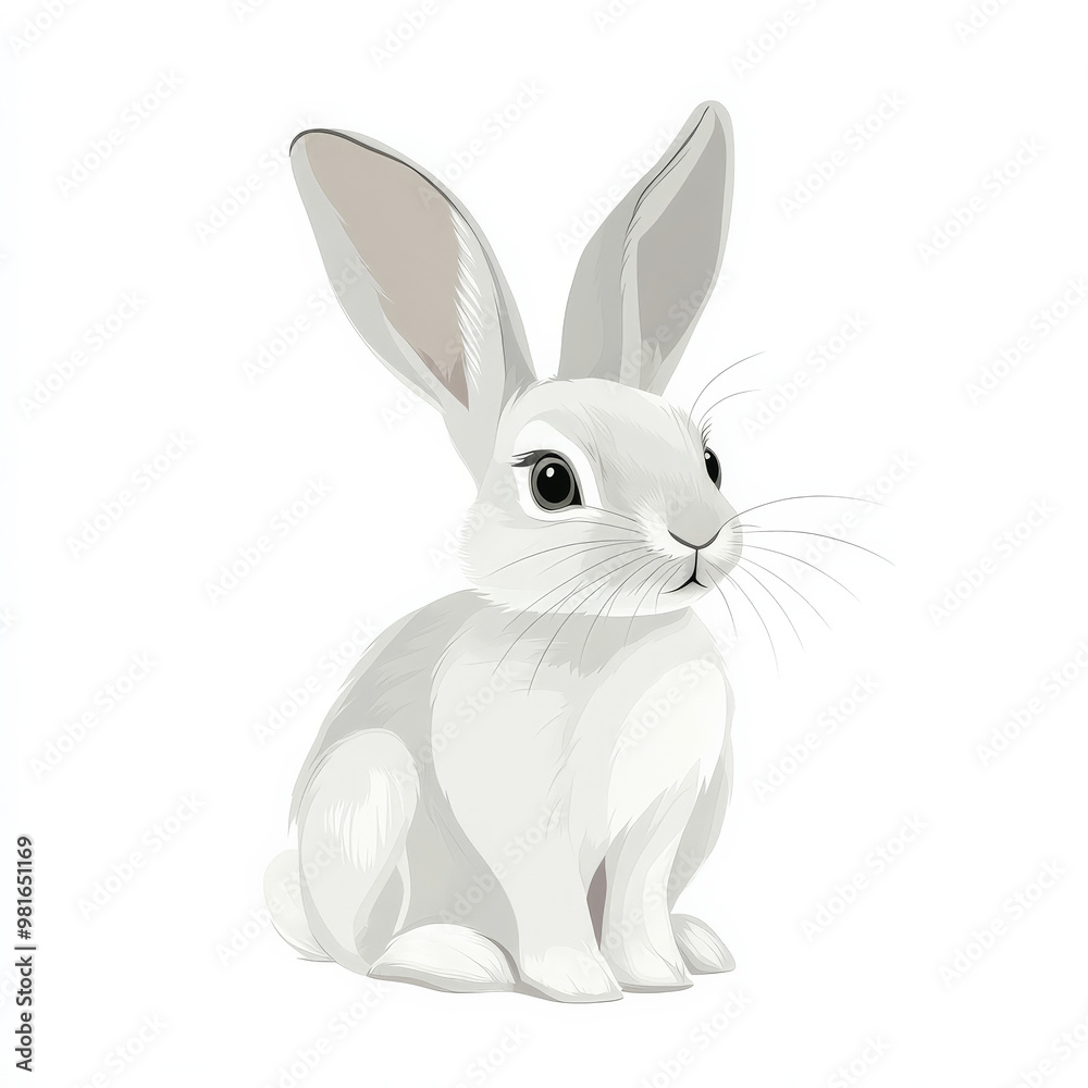Flat design of a curious rabbit with long ears, drawn in clean white and soft gray tones, on a white background. Flat design of a curious rabbit with long ears, drawn in clean white and soft gray tones, on a white background.