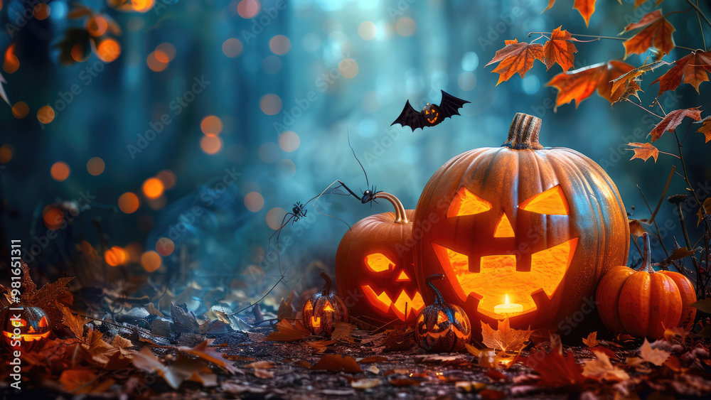 Naklejka premium Jack-o'-lanterns surrounded by colorful fall foliage and bokeh lights