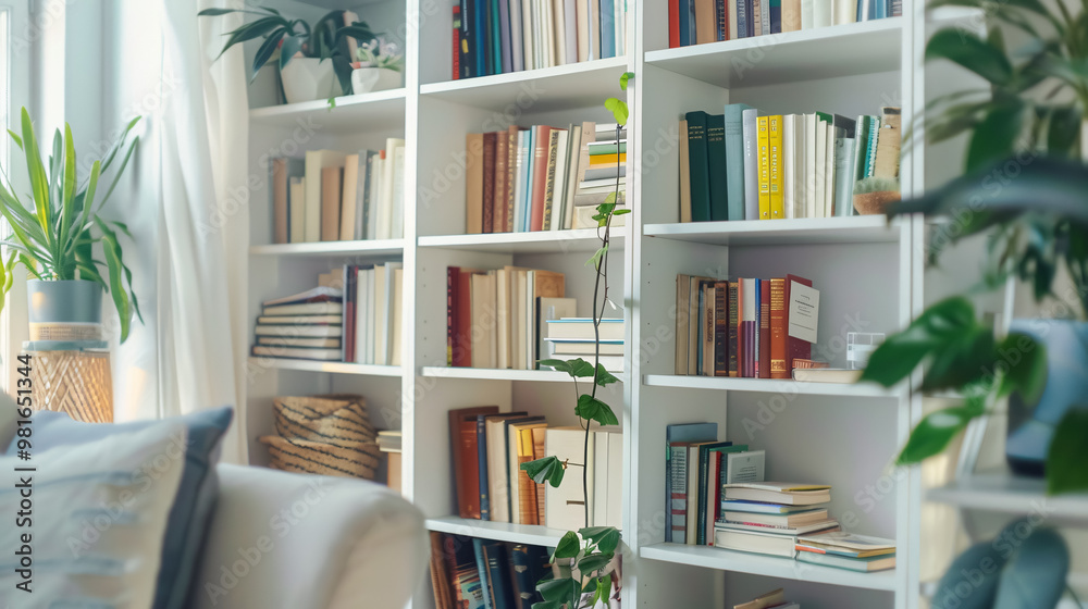 White wooden bookcase filled with books in a UK home White wooden bookcase filled with books in a UK home