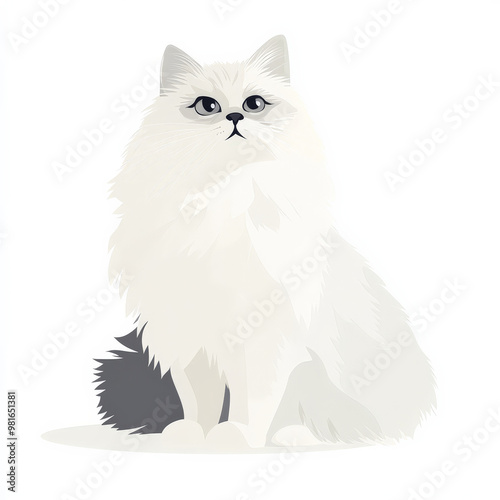 Flat design of a fluffy Persian cat, rendered in soft white and gray tones, sitting on a white background.