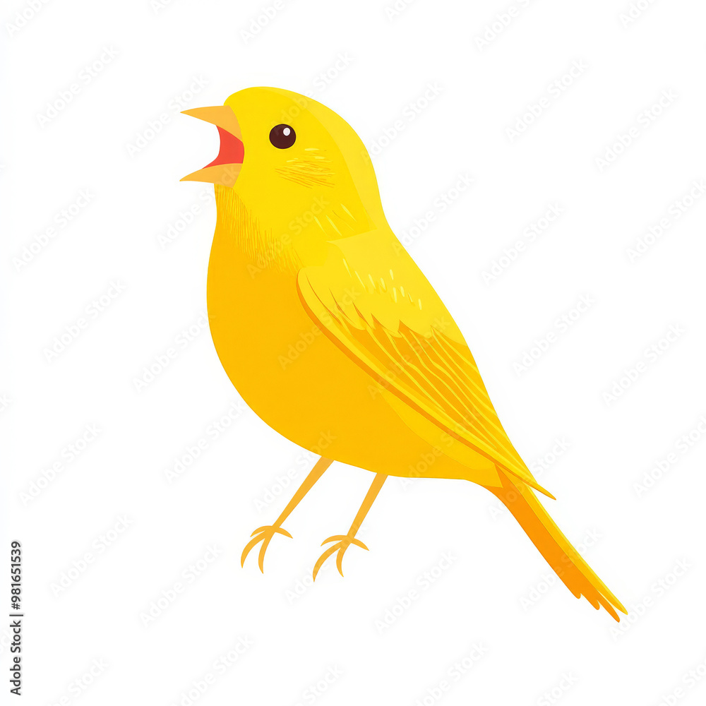 Flat design of a chirping canary, rendered in bright yellow tones and simple lines, on a white background. Flat design of a chirping canary, rendered in bright yellow tones and simple lines, on a white background.