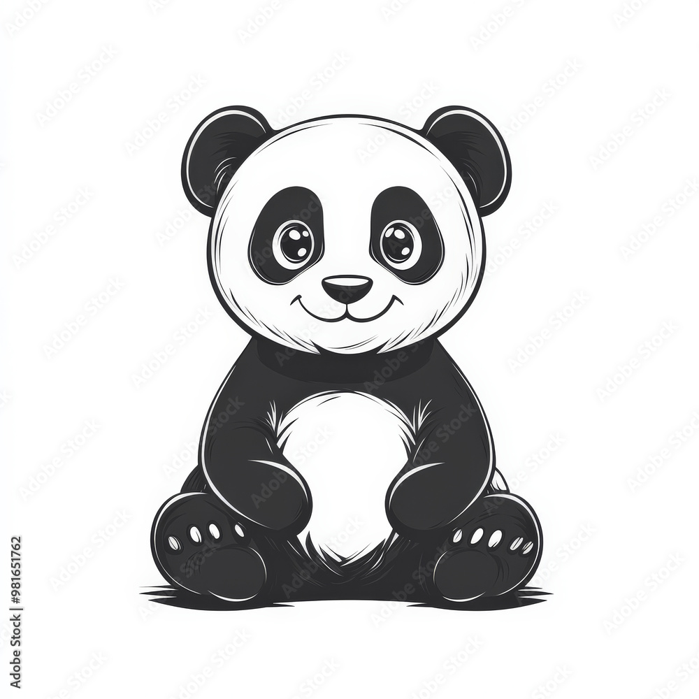 Naklejka premium Flat design of a small, cute panda sitting with bold black-and-white colors, drawn with minimal details on a white background.
