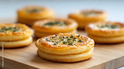 Delicious pastry rounds topped with fresh herbs on a wooden board in a bright kitchen background.