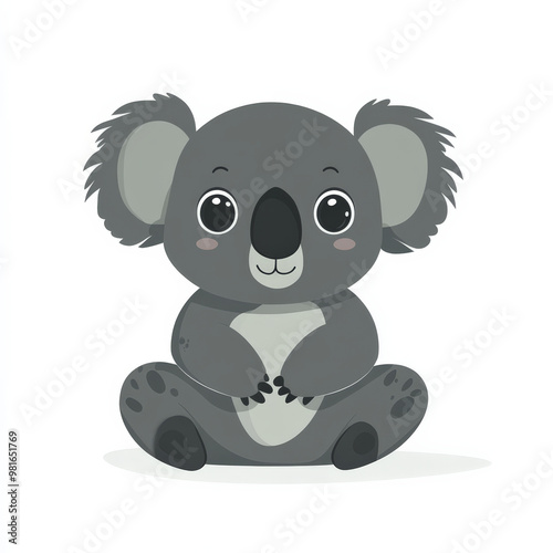 Flat illustration of a sitting koala, featuring soft gray tones and a friendly expression, isolated on a white background.