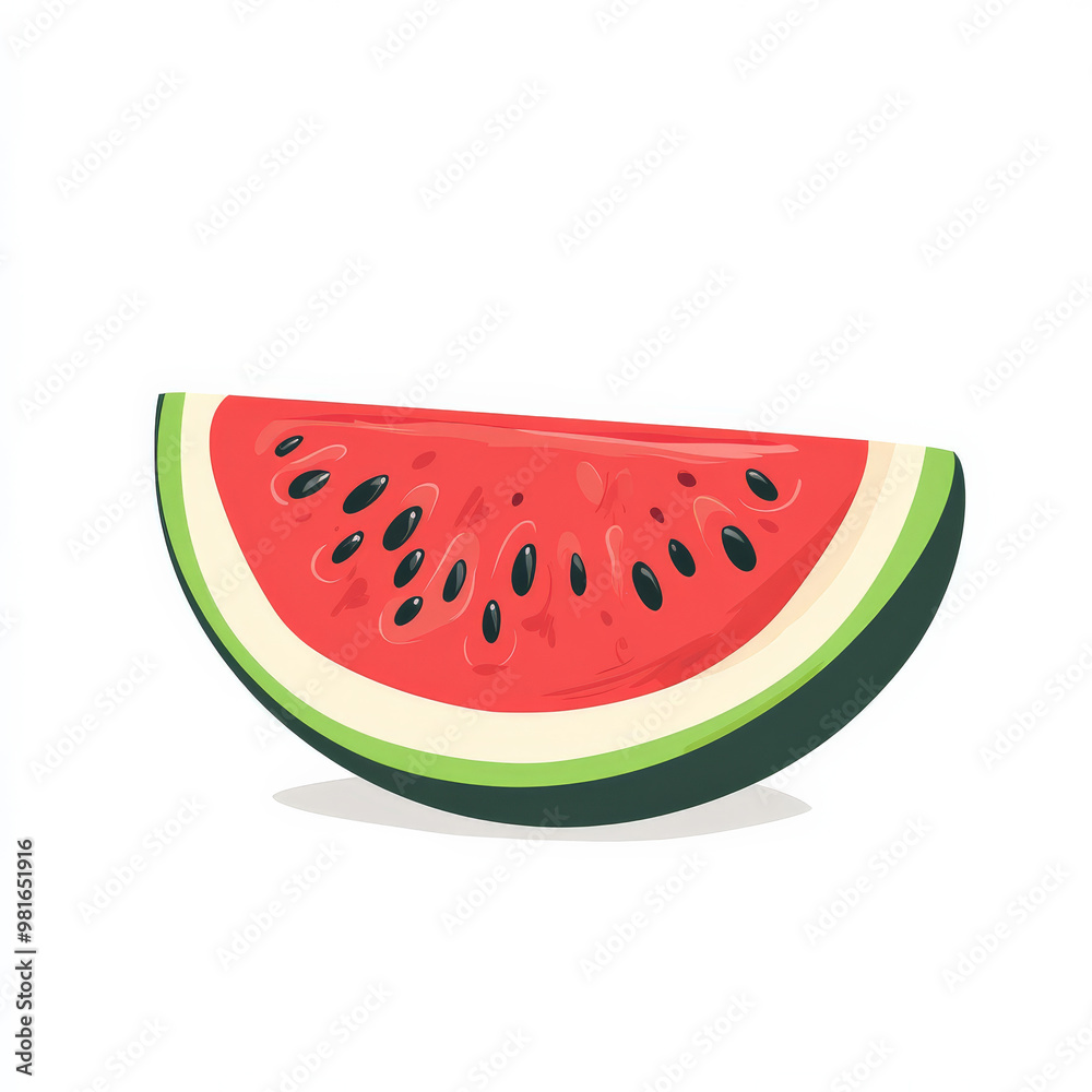 Flat illustration of a half watermelon with visible seeds, featuring clean lines and minimalistic shading, isolated on white. Flat illustration of a half watermelon with visible seeds, featuring clean lines and minimalistic shading, isolated on white.