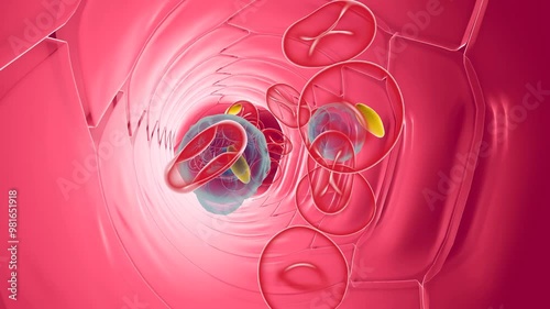 3D animation of the anatomical interior of an artery or vein with the movement of the blood components. Red blood cells, leukocytes and platelets. Circulation seen from the front. 