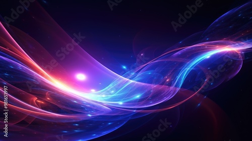 Abstract colorful background with glowing lines and particles.