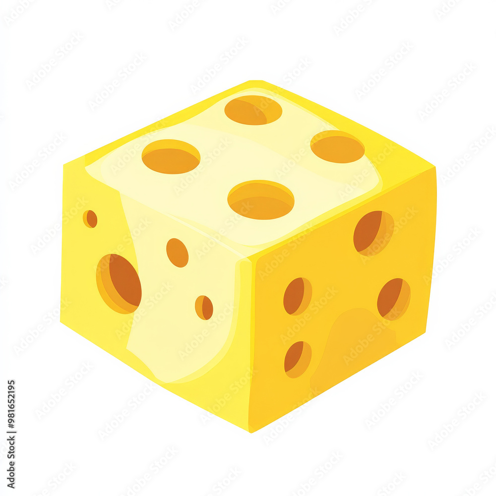 Flat illustration of a block of cheese with holes, in a bright yellow color and simple shapes, on a white background. Flat illustration of a block of cheese with holes, in a bright yellow color and simple shapes, on a white background.