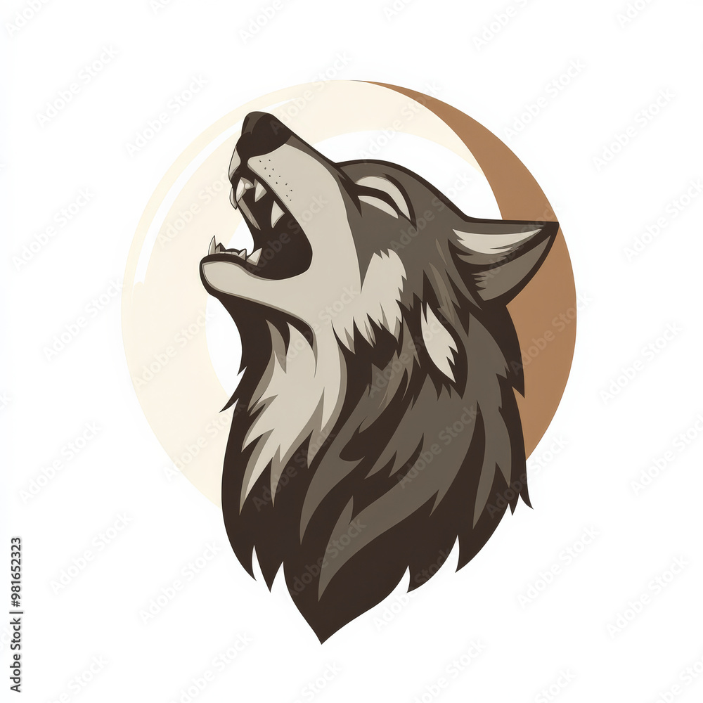 A flat-designed werewolf face howling at the moon, rendered in gray and brown tones, centered on a clean white background. A flat-designed werewolf face howling at the moon, rendered in gray and brown tones, centered on a clean white background.