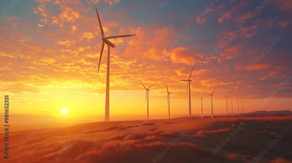 Obraz premium A beautiful sunset over wind turbines in the desert