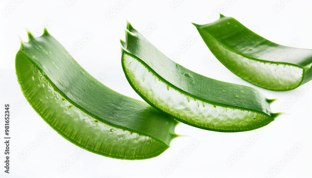 Falling Aloe vera, slice, isolated on white background, selective focus Falling Aloe vera, slice, isolated on white background, selective focus