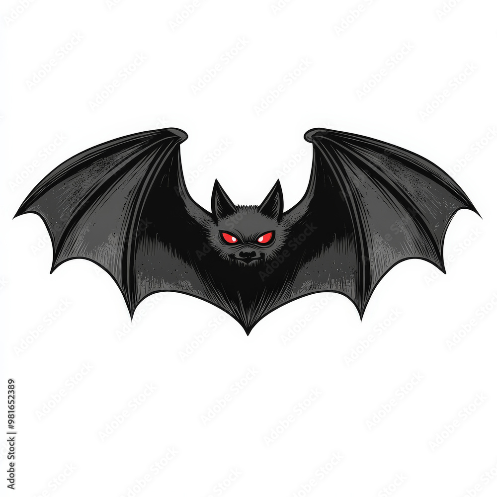 A flat design of a vampire bat with wings spread, drawn in black with simple red eyes, centered on a white background. A flat design of a vampire bat with wings spread, drawn in black with simple red eyes, centered on a white background.