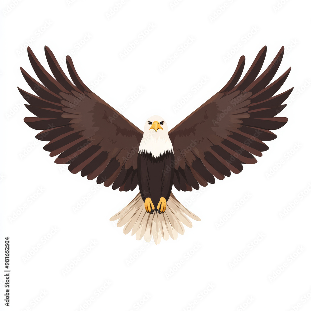 Obraz premium Flat illustration of a soaring eagle, featuring minimalistic wings in dark brown tones, isolated on a white background.