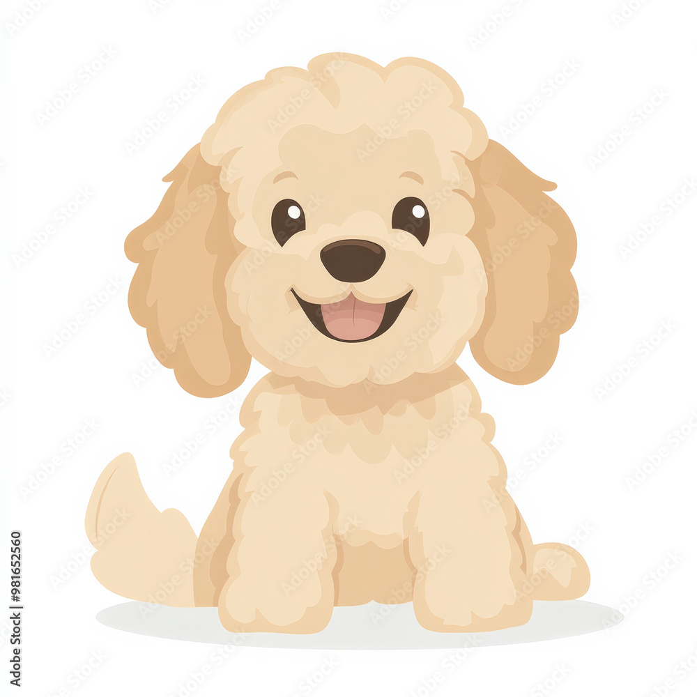 Flat design of a friendly cockapoo puppy sitting happily, rendered in light beige tones, isolated on white. Flat design of a friendly cockapoo puppy sitting happily, rendered in light beige tones, isolated on white.