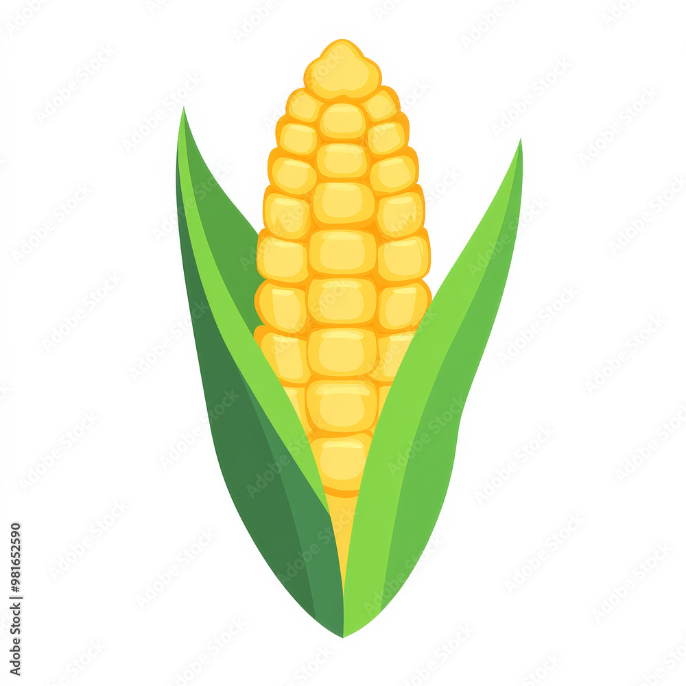 Flat design of a yellow corn cob with green husk, rendered in simple shapes and vibrant colors, isolated on white. Flat design of a yellow corn cob with green husk, rendered in simple shapes and vibrant colors, isolated on white.