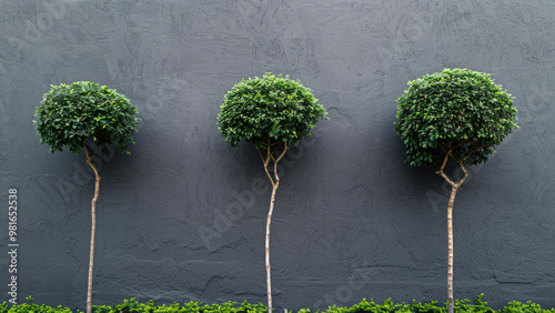 Green tree branch growing on white brick wall