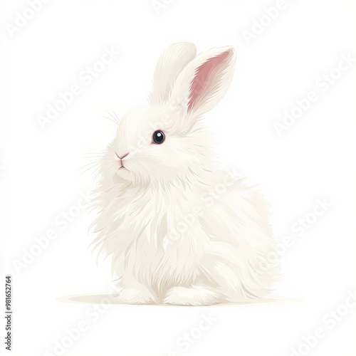 Flat design of a fluffy Angora rabbit sitting calmly, rendered in clean white shapes, on a white background.