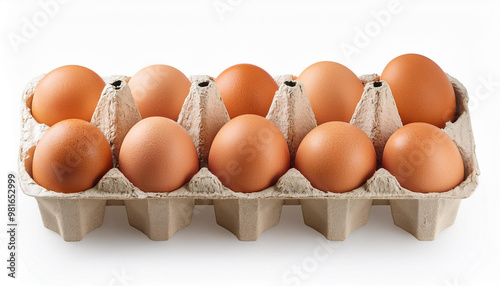 chicken eggs, ten, in paper box, isolated on white background, clipping path, full depth of field