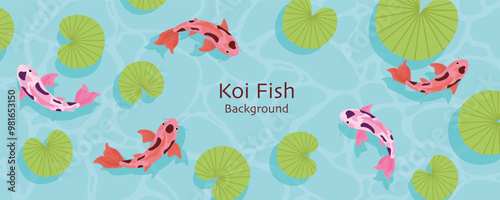 Colorful pond with koi fish. Horizontal banner with place for text. Vector illustration.