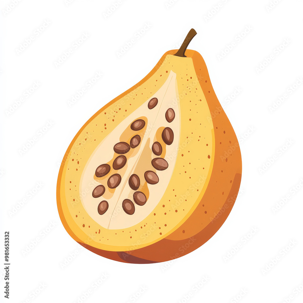 Flat illustration of a sliced sapodilla with visible seeds, rendered with simple shapes and vibrant colors, on a white background.