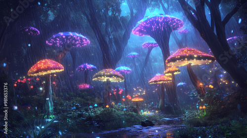 Magical image of bioluminescent mushrooms with vibrant colors lighting up a mystical forest under rainfall. Mystical. Illustration